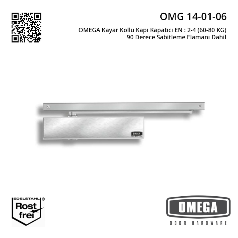 OMEGA Kayar Kollu Kapı Kapatıcı EN : 2-4 (60-80 KG) 90 Derece Sabitleme Elamanı Dahil
