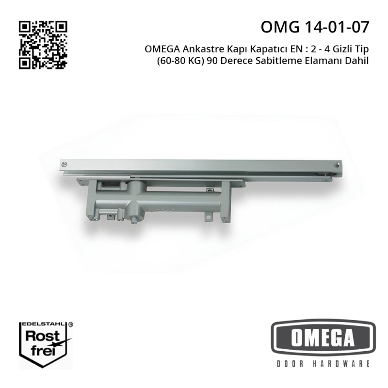 OMEGA Ankastre Kapı Kapatıcı EN : 2 - 4 Gizli Tip (60-80 KG) 90 Derece Sabitleme Elamanı Dahil